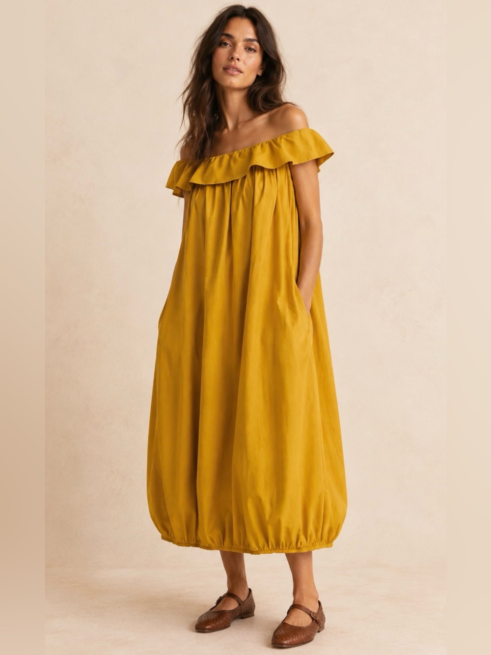 Imperial Mustard Yellow Off Shoulder Bubble Midi Dress Oversized M-L